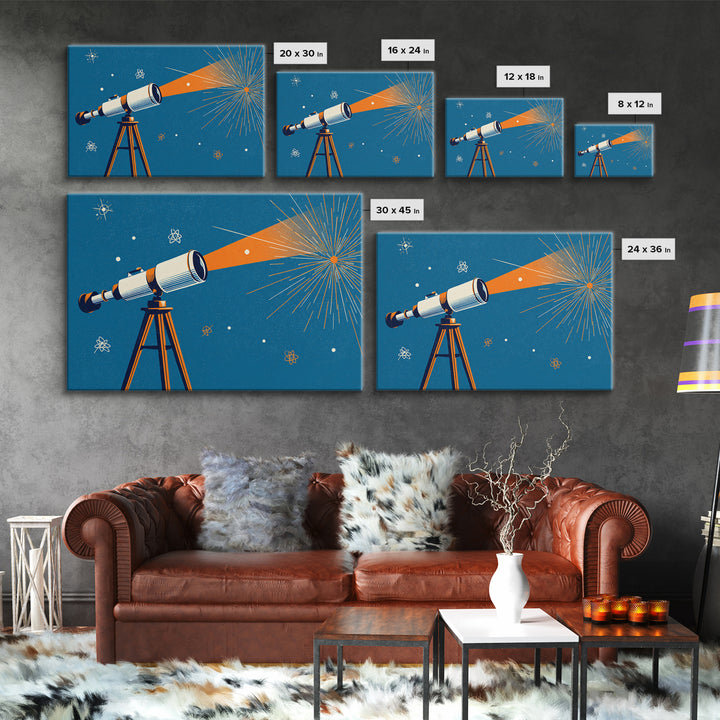 Mid Century Telescope Beam Wall Art, Atomic Space Illustration, Blue Orange Retro Poster For Modern Science Room Home Decor