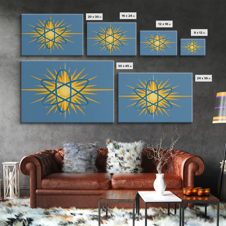 Blue Atom Sunburst Wall Art, Mid Century Modern Science Print, Atomic Geometric Poster For Office And Kids Room Home Decor