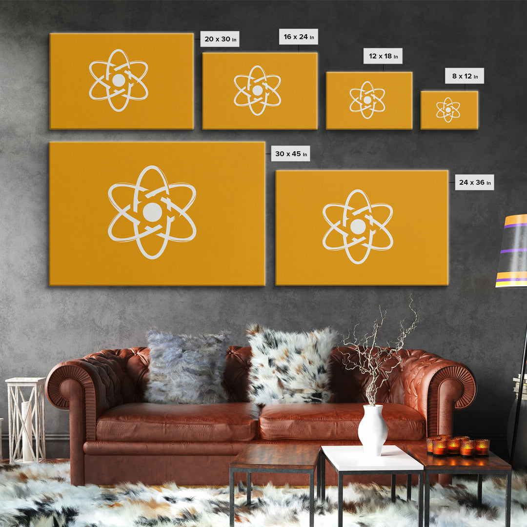 White Atom Symbol Canvas Print, Minimal Orange Science Poster, Mid Century Modern Wall Art For Office And Classroom Decor