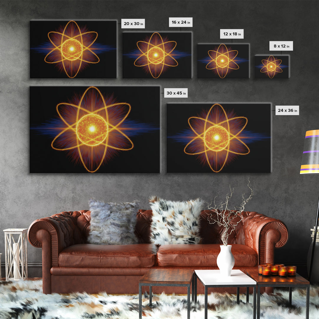 Glowing Atom Energy Wall Art, Black Space Science Print, Atomic Mid Century Modern Poster For Office And Man Cave Home Decor
