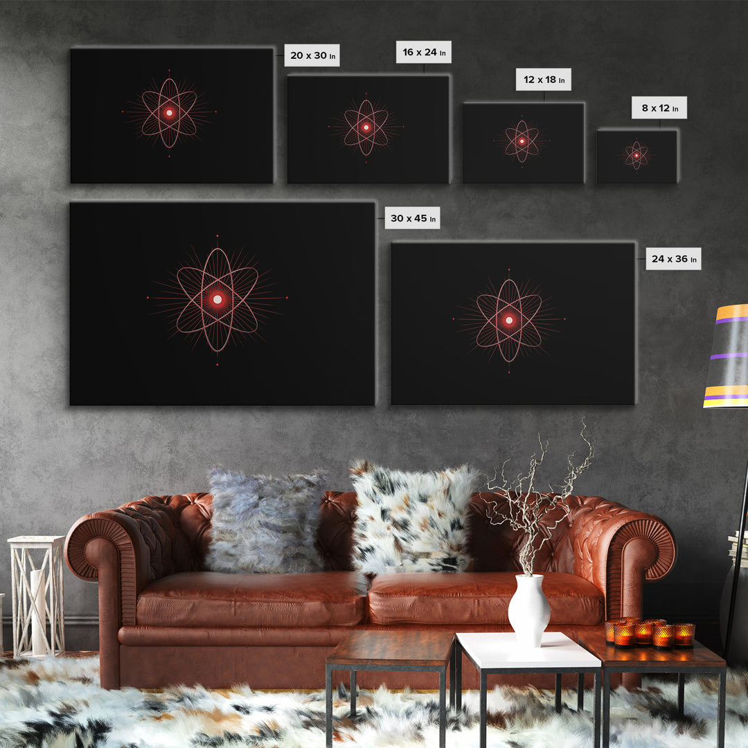 Red Atomic Orbit Canvas Print, Minimal Midcentury Science Poster, Black Space Wall Decor, Geometric Modern Abstract Art Print