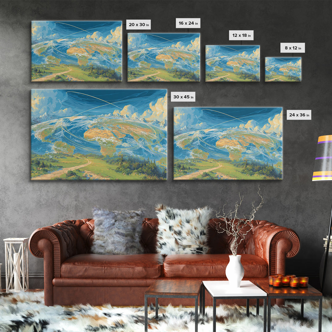 Painterly Earth Orbit Wall Art, Scenic World Landscape Poster, Blue Sky Modern Art Print, Travel Inspired Home Office Decor