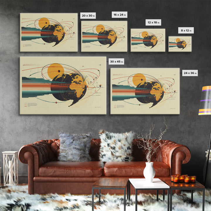 Retro Globe Orbit Wall Art, Midcentury Modern Map Poster, Orange Sun Abstract Geometric Print, Stylish MCM Home Office Decor
