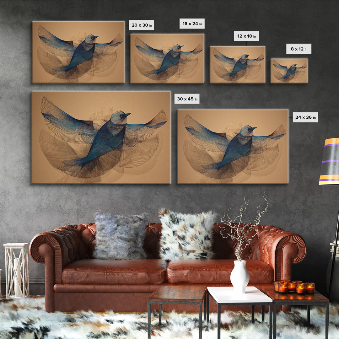 Blue Wire Bird Wall Art, Kinetic Sculpture Inspired Print, Midcentury Modern Abstract Animal Art, Minimalist Tan Home Decor