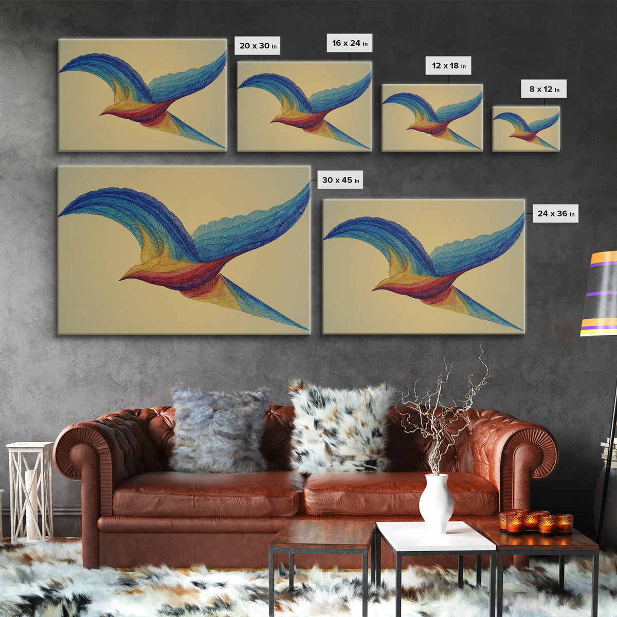Rainbow Wire Bird Canvas Print, Flowing Kinetic Sculpture Art, Midcentury Modern Abstract Wall Art, Bright Colorful Home Decor
