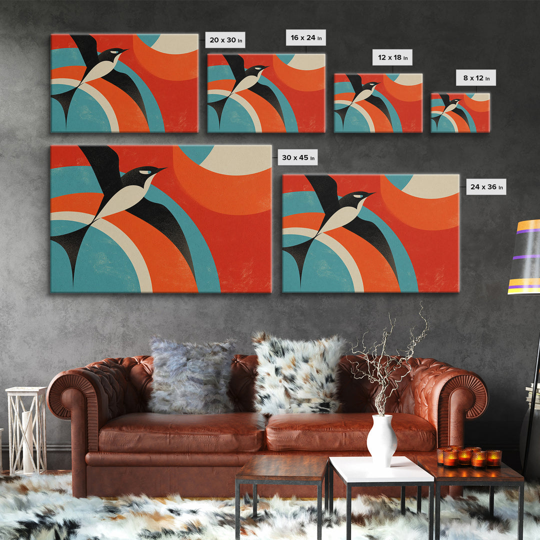 Modern Penguin Bird With Red Sun Canvas Print, Mid Century Modern Wall Decor, Retro Geometric Poster, Colorful Nursery Art