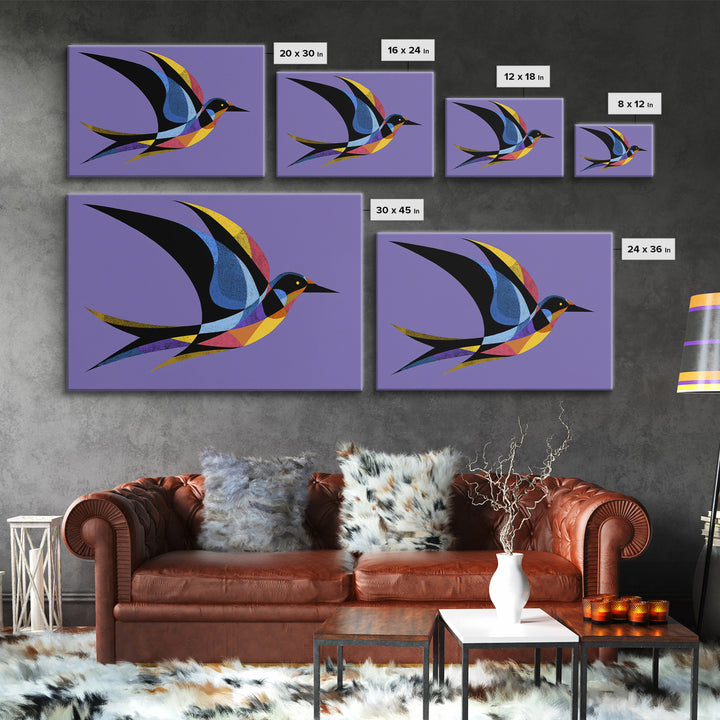 Colorful Swallow Bird On Purple Framed Canvas Print, Mid Century Modern Wall Art, Retro Atomic Decor, Geometric Art Print
