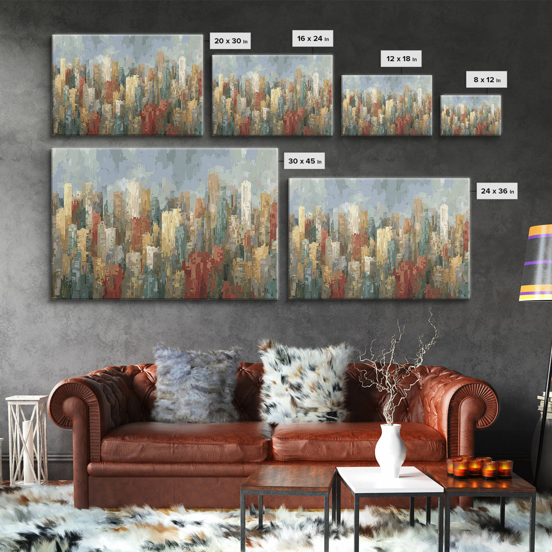 Rainy Impressionist City Skyline Framed Canvas Print, Modern Wall Art, Urban Landscape Decor, Office Poster, Soft Abstract Art