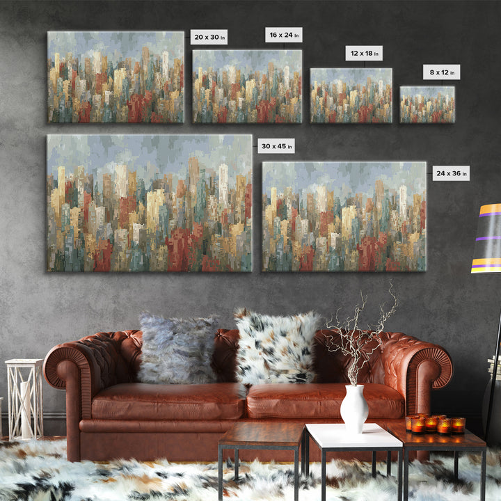 Rainy Impressionist City Skyline Framed Canvas Print, Modern Wall Art, Urban Landscape Decor, Office Poster, Soft Abstract Art