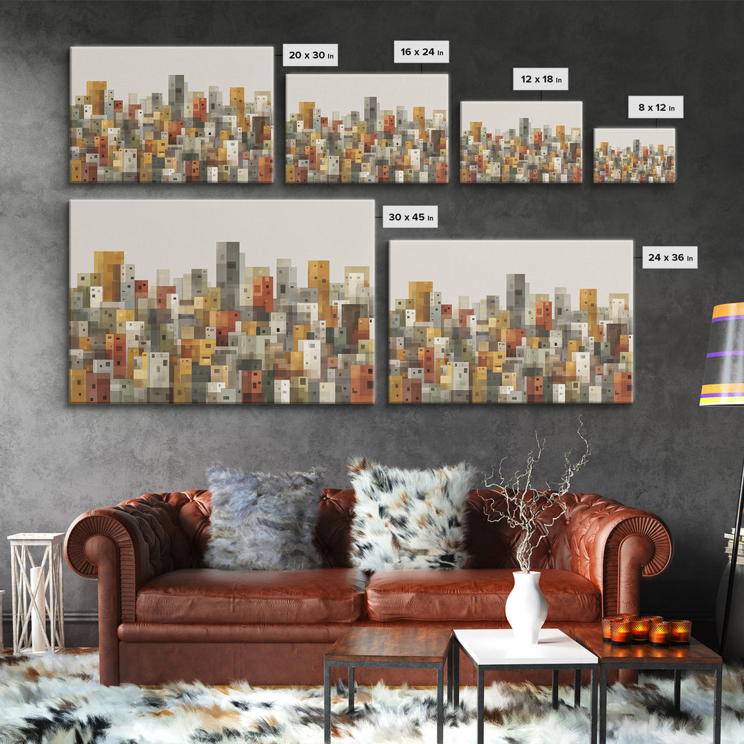 Whimsical Cubist City Blocks Canvas Print, Mid Century Modern Wall Art, Geometric Buildings Decor, Kids Room Cityscape Poster
