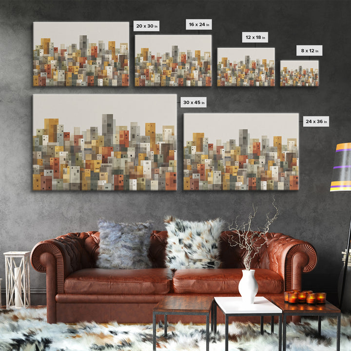 Whimsical Cubist City Blocks Canvas Print, Mid Century Modern Wall Art, Geometric Buildings Decor, Kids Room Cityscape Poster