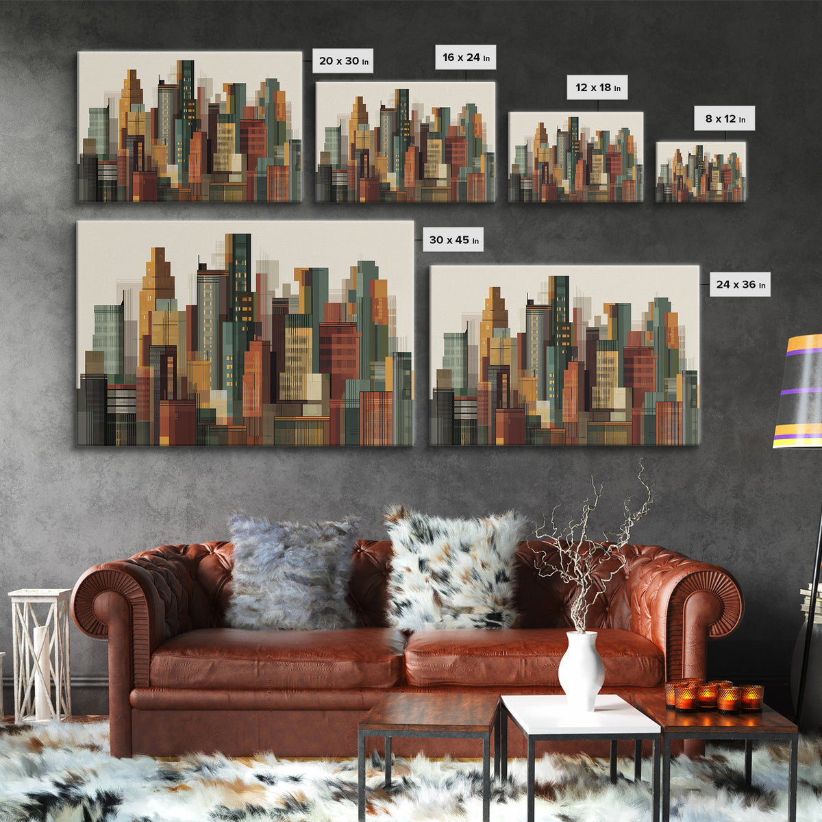 Architectural City Skyline Wall Art, Mid Century Modern Urban Decor, Geometric Building Print, MCM Office Poster, Warm Neutral