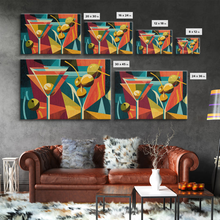 Retro Martini With Olives Canvas Print, Mid Century Modern Bar Cart Wall Art, Cocktail Decor, Colorful Geometric Kitchen Poster