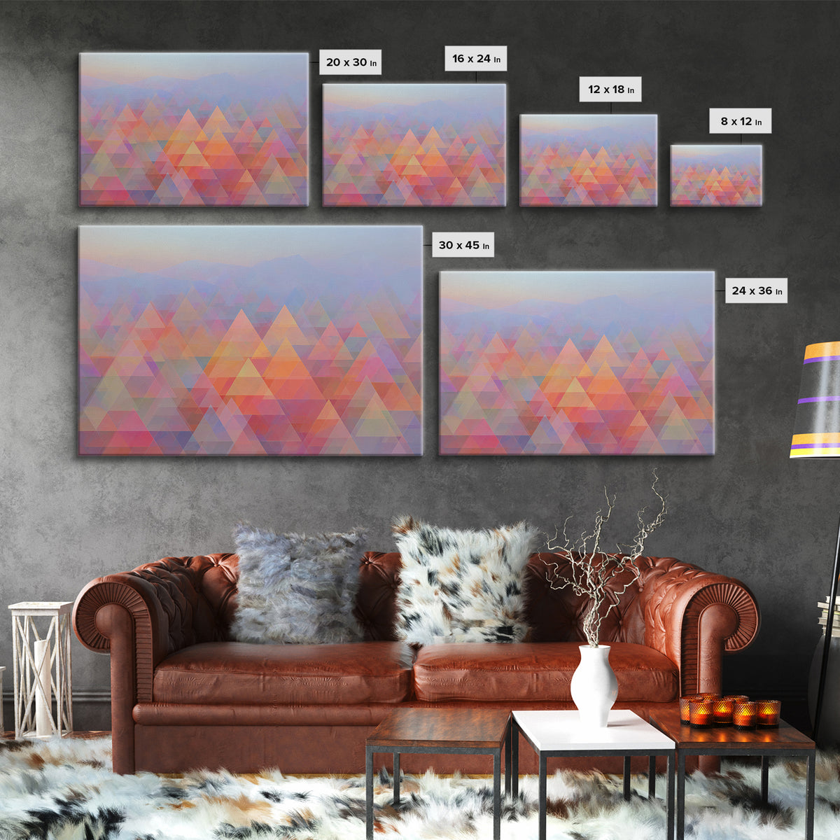 Pastel Triangle Mountain Landscape Wall Art, Geometric Abstract Art, Midcentury Modern Living Room Decor, Colorful Canvas Print