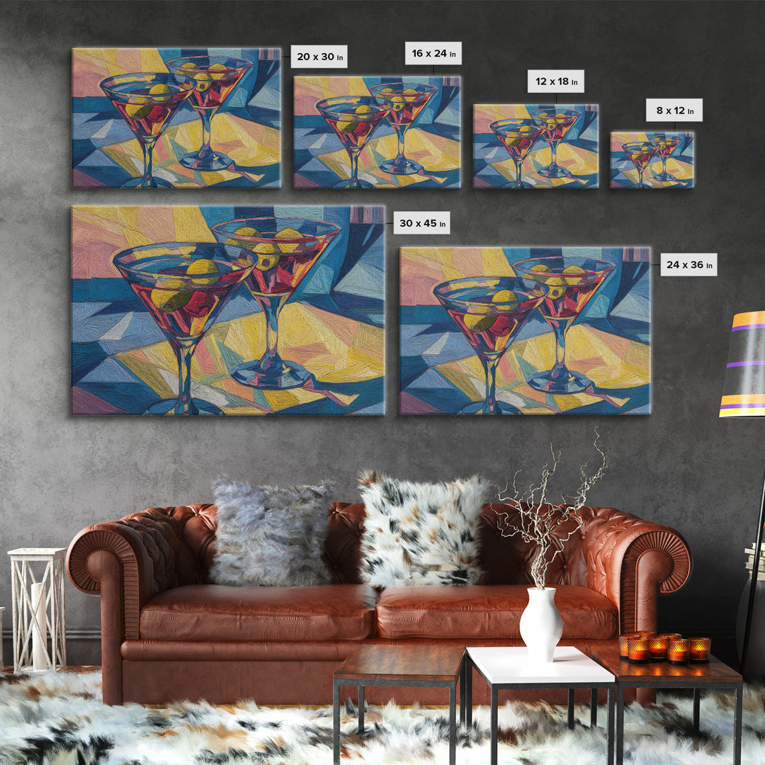 Cubist Martini Glasses With Olives Framed Canvas Print, Retro Cocktail Wall Art, Mid Century Modern Bar Cart Kitchen Decor