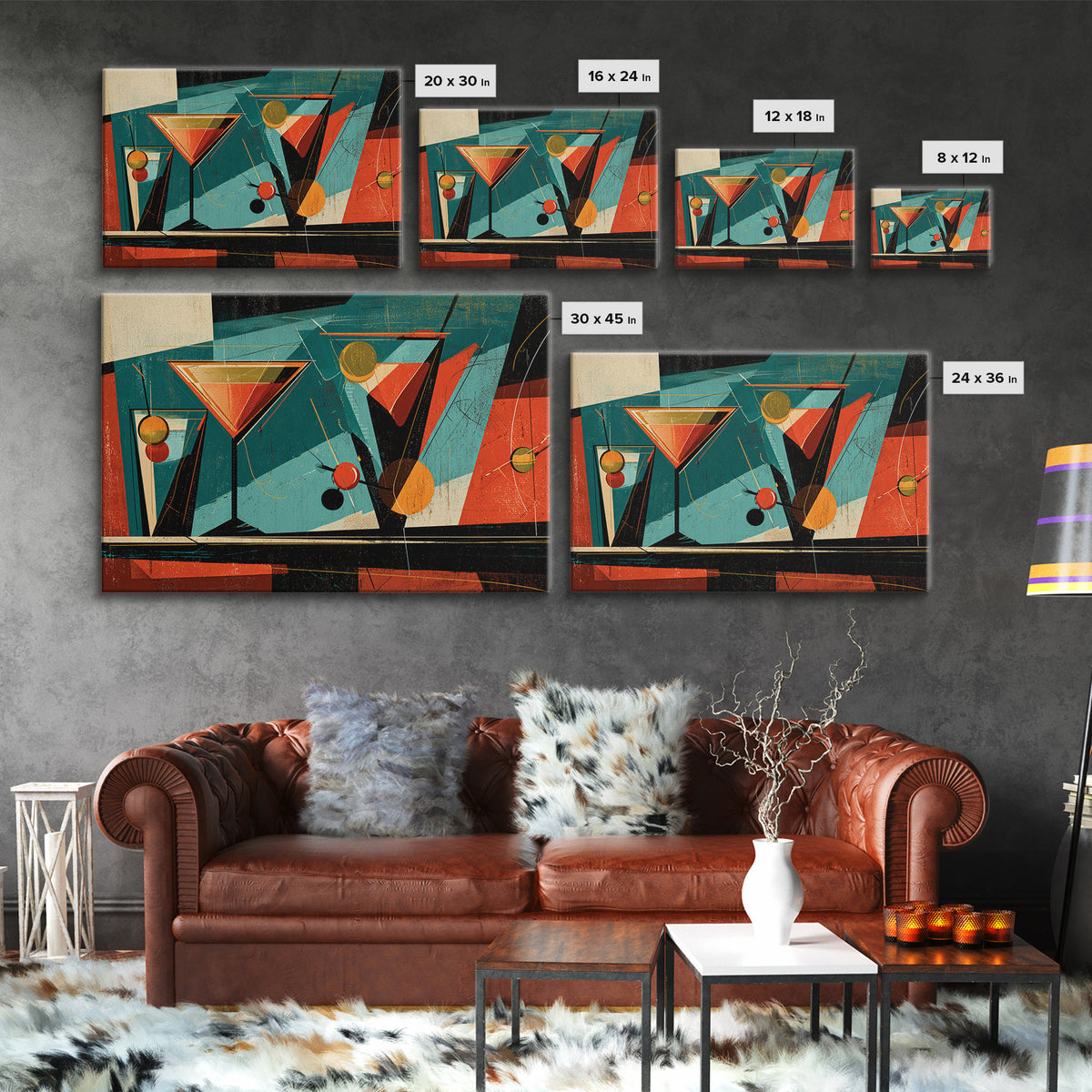 Teal Martini Glasses Abstract, Midcentury Modern Wall Art, Retro Cocktail Bar Poster, Colorful Geometric MCM Decor Print Gift