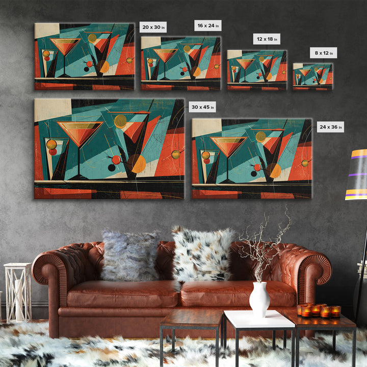 Teal Martini Glasses Abstract, Midcentury Modern Wall Art, Retro Cocktail Bar Poster, Colorful Geometric MCM Decor Print Gift
