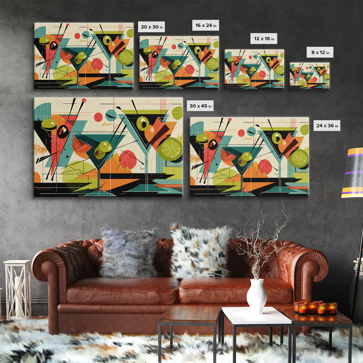 Olive Martini Glasses With Lime, Midcentury Modern Wall Art, Retro Cocktail Print, Atomic Bar Decor, Colorful MCM Poster