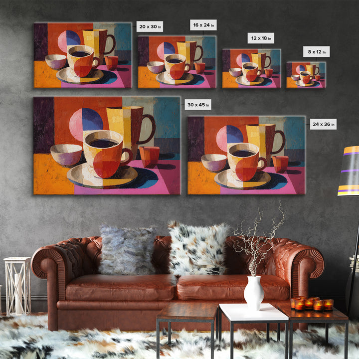 Cubist Coffee Cups Still Life, Framed Canvas Print, Midcentury Kitchen Art, Retro Coffee Poster, Colorful Home Decor Print
