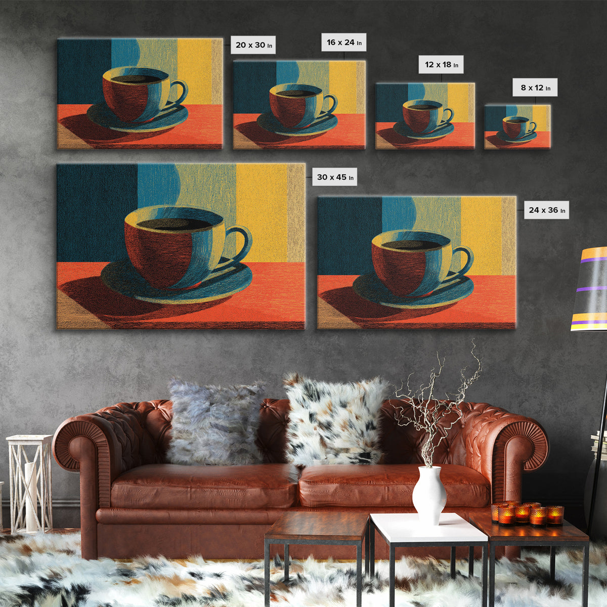 Sunlit Coffee Cup Still Life, Canvas Print, Midcentury Modern Art, Retro Kitchen Poster, Warm Orange Blue Wall Decor Print