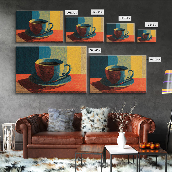 Sunlit Coffee Cup Still Life, Canvas Print, Midcentury Modern Art, Retro Kitchen Poster, Warm Orange Blue Wall Decor Print