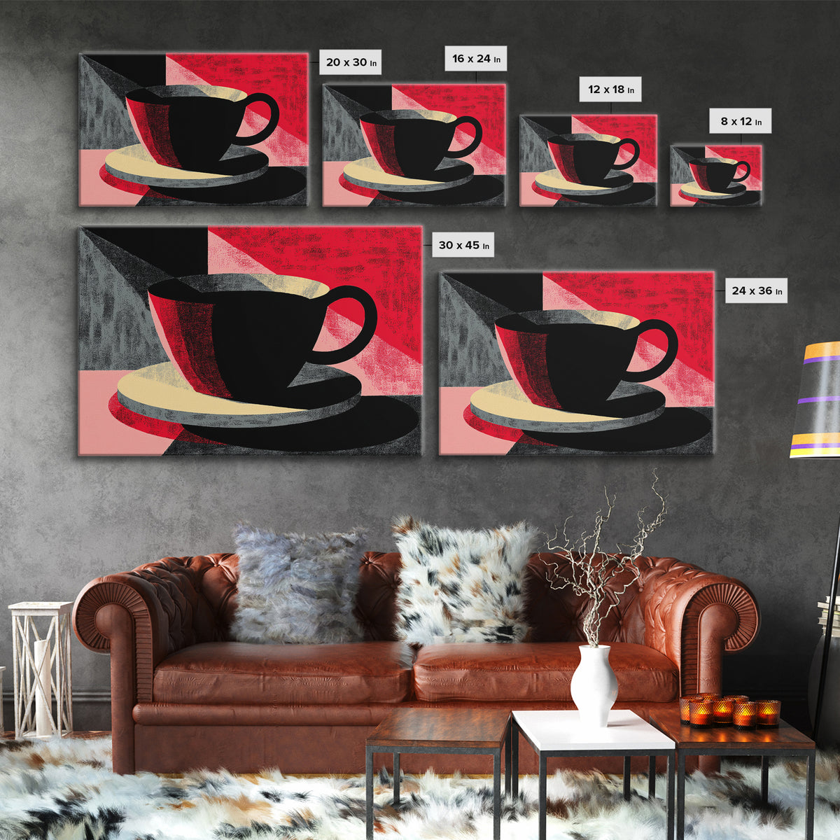 Black Coffee Cup On Pink Red Abstract, Wall Art, Modern Kitchen Poster, Retro Cafe Print, Bold Geometric Home Decor Gift