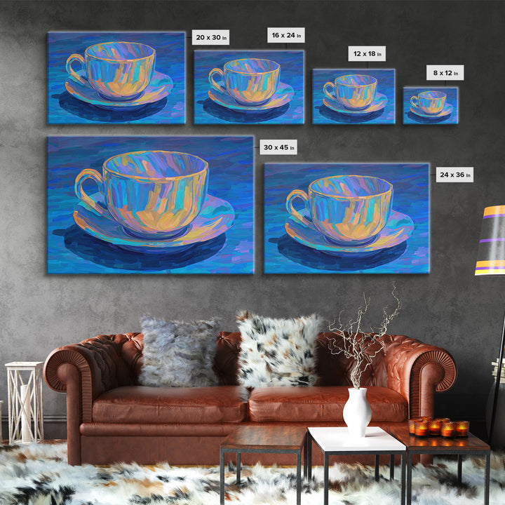 Iridescent Blue Teacup Still Life, Canvas Print, Colorful Modern Art Print, Painterly Cafe Decor, Vibrant Kitchen Wall Art