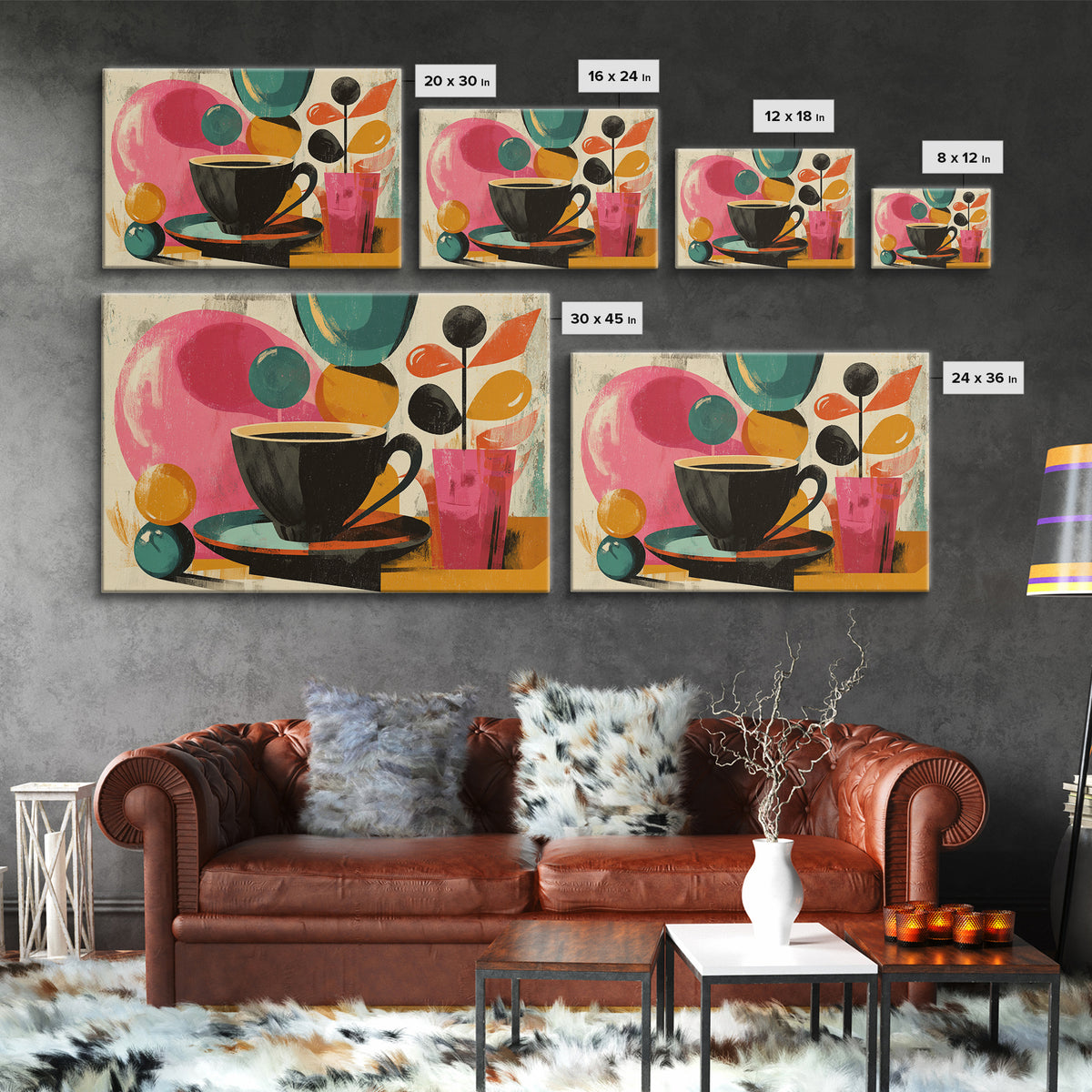 Black Coffee Cup With Pink Circles, Midcentury Modern Wall Art, Retro Cafe Poster, Abstract Botanical Shapes Home Decor Print