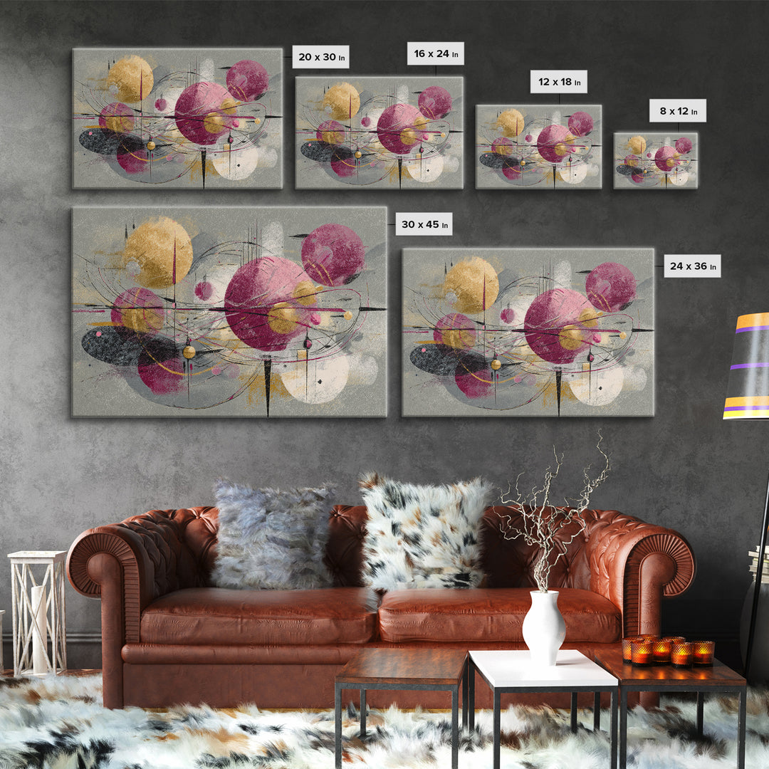 Magenta Gold Atomic Orbits Abstract Wall Art, Midcentury Modern Art Print, Retro Geometric Decor, Bold MCM Wall Decor Prints