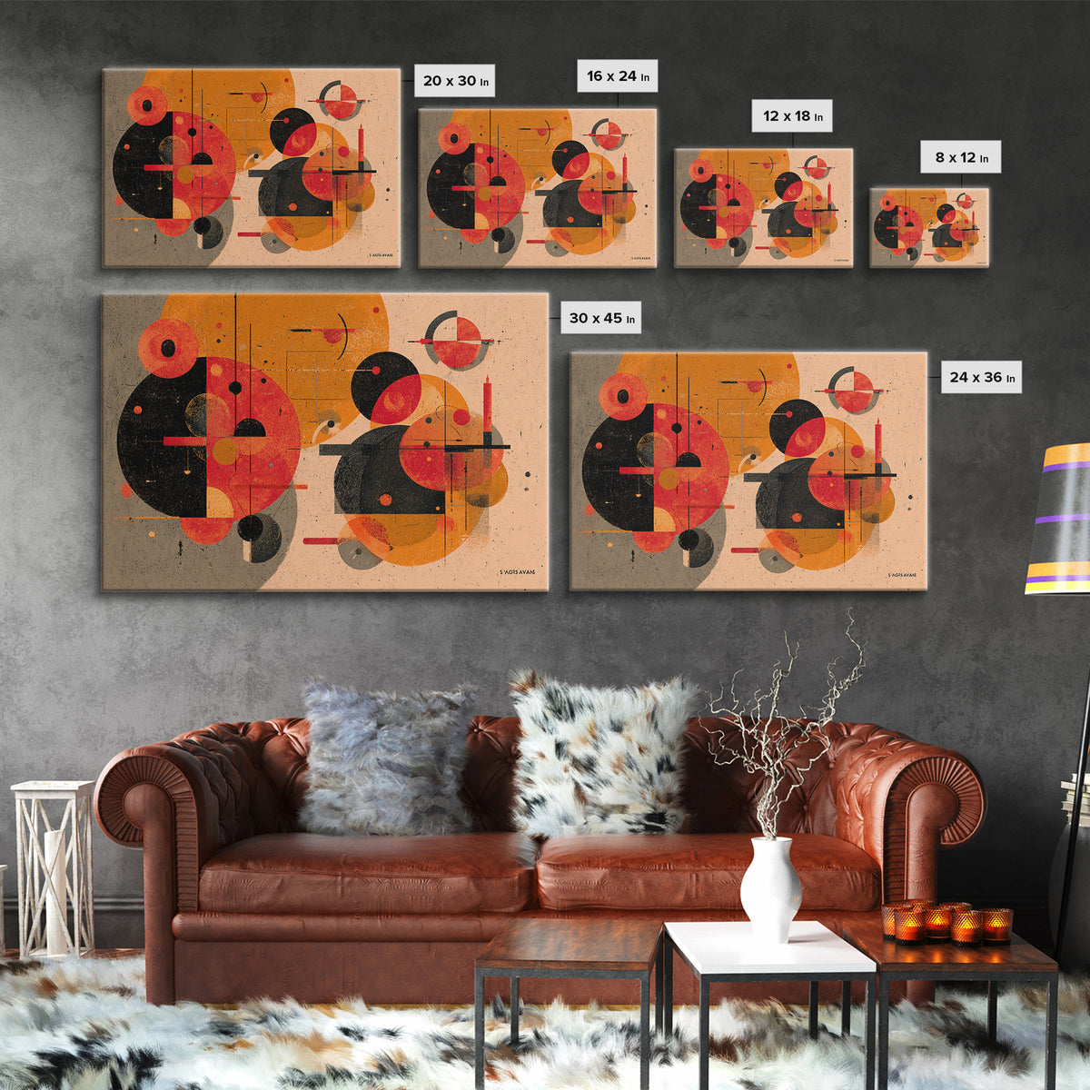 Orange Black Geometric Circles Canvas Print, Midcentury Modern Art, Atomic Retro Poster, Abstract Wall Decor For Living Room