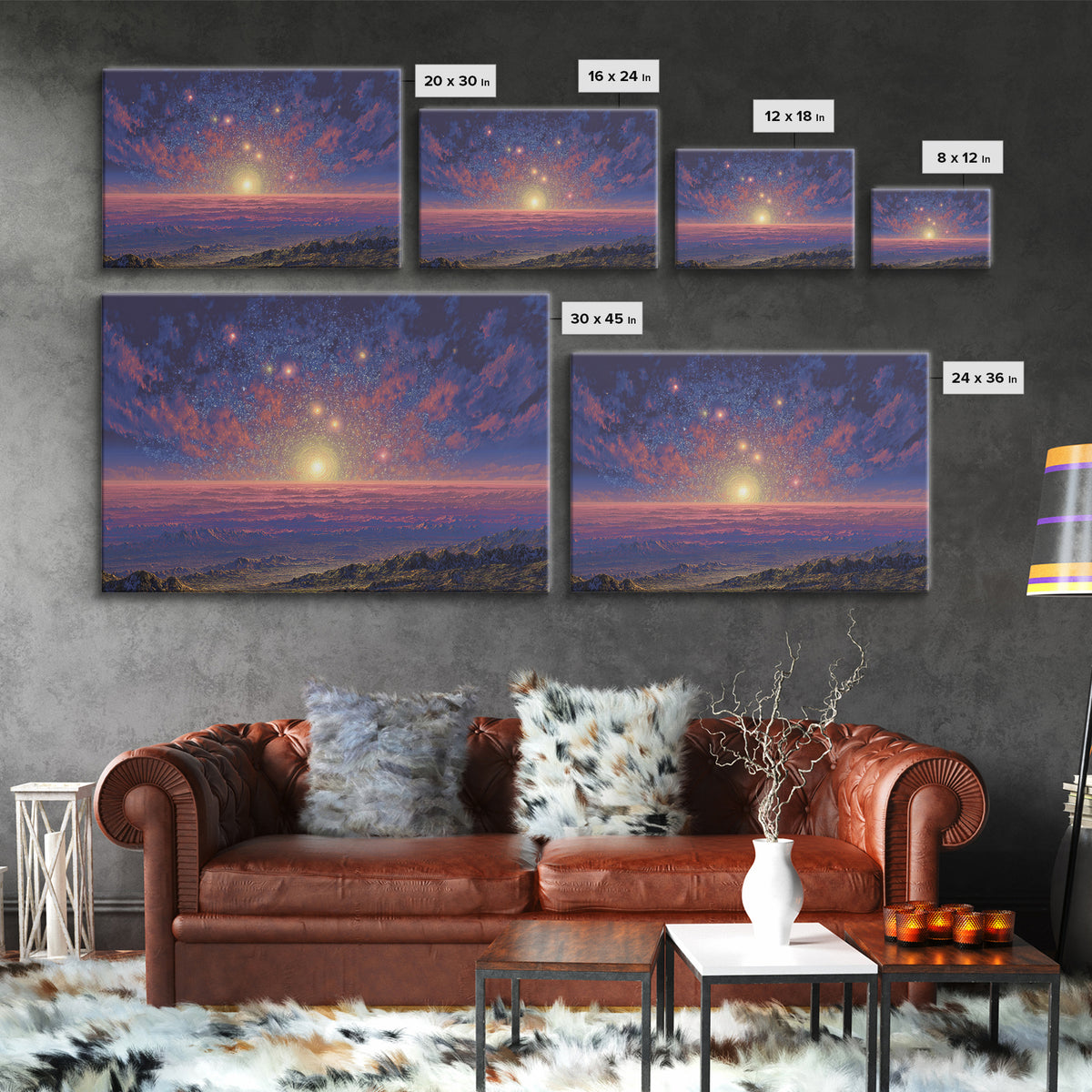 Starry Mountain Sunrise Canvas Print, Scenic Space Abstract Art, Blue Pink Landscape Wall Decor, Modern Home Art Poster Gift