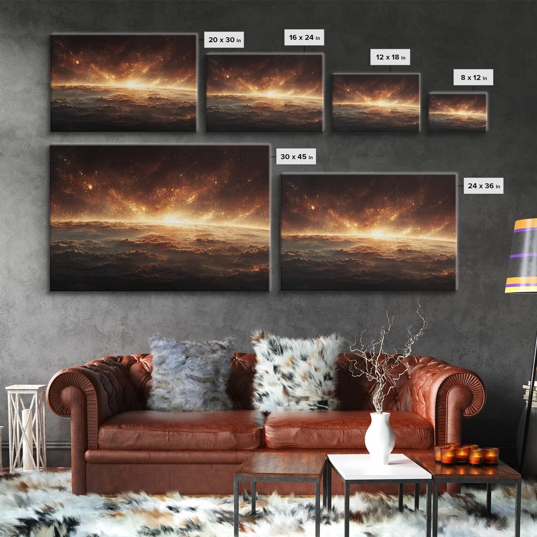 Golden Cosmic Horizon Framed Canvas Print, Space Abstract Art, Starry Cloudscape Wall Decor, Modern Wall Art For Bedroom