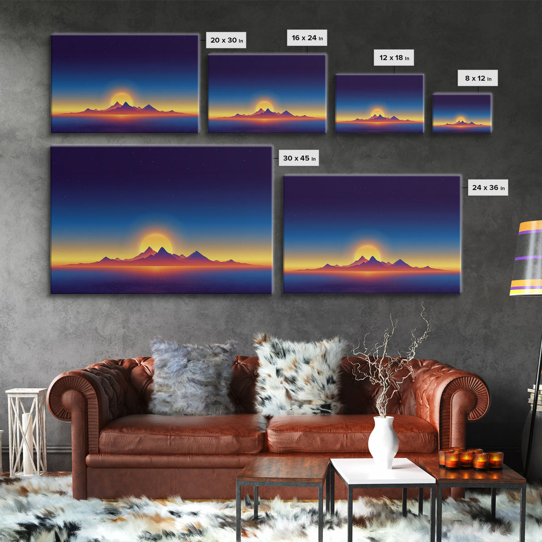 Minimal Island Sunrise Canvas Print, Retro Sunset Poster, Blue Yellow Ocean Landscape Wall Decor, Modern Home Art Gift Print