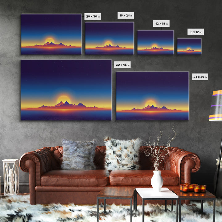 Minimal Island Sunrise Canvas Print, Retro Sunset Poster, Blue Yellow Ocean Landscape Wall Decor, Modern Home Art Gift Print