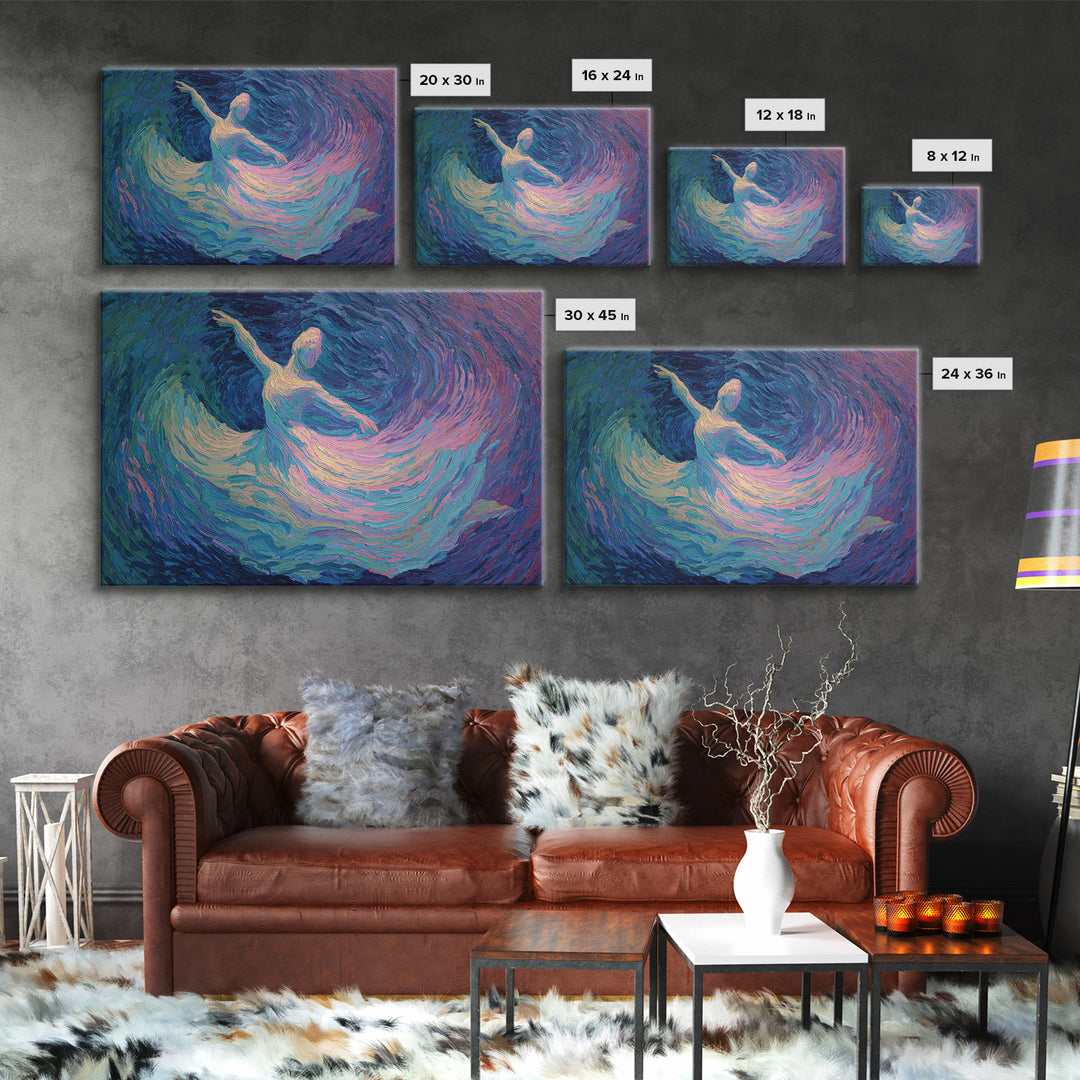 Swirling Ballerina Dancer Framed Canvas Print, Blue Purple Impressionist Wall Art, Romantic Fine Art For Bedroom Decor Gift