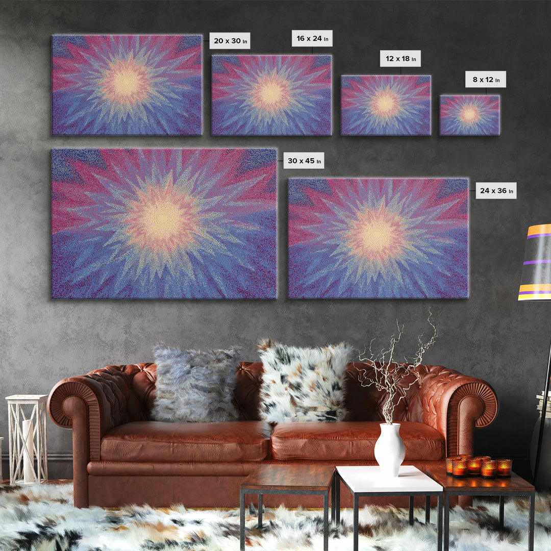 Pink And Blue Radiant Starburst Wall Art, Midcentury Modern Abstract Sun Print, Psychedelic Pointillism Decor Poster For Bedroom