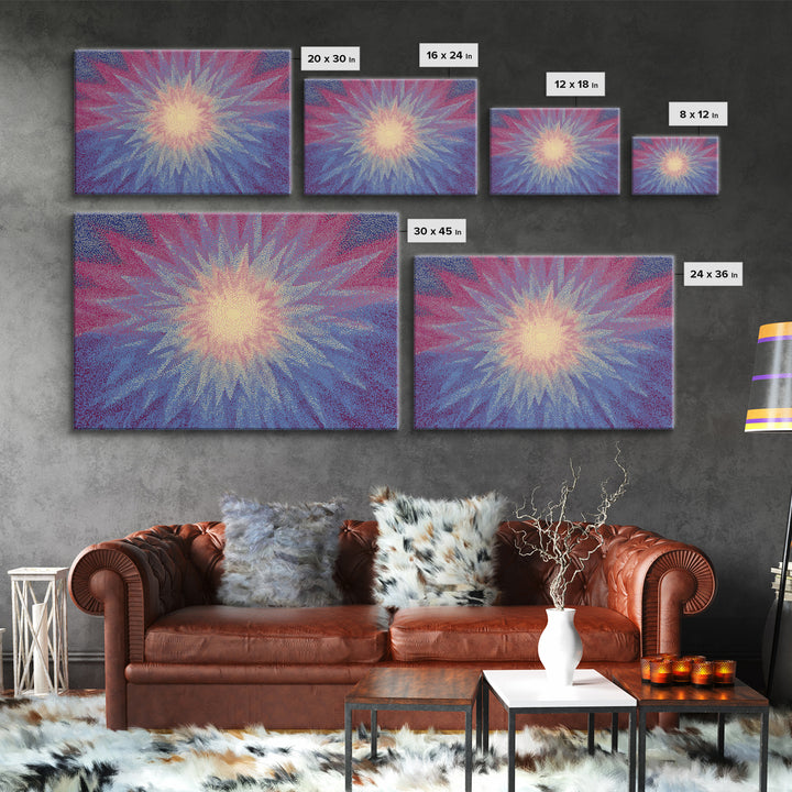 Pink And Blue Radiant Starburst Wall Art, Midcentury Modern Abstract Sun Print, Psychedelic Pointillism Decor Poster For Bedroom