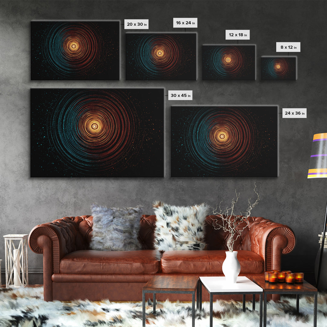 Glowing Orange Teal Concentric Rings Wall Art, Modern Abstract Art Print, Cosmic Retro Geometric Decor For Bedroom Office