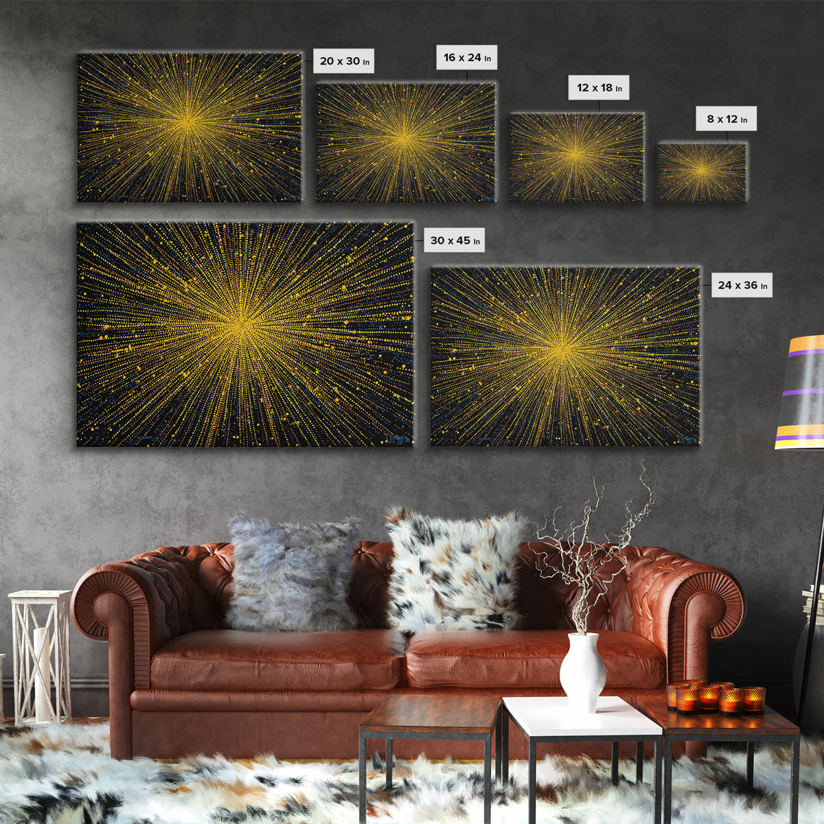 Radiant Yellow Dotted Starburst Canvas Print, Modern Abstract Art, Cosmic Retro Wall Art, Bold Geometric Decor For Home Office