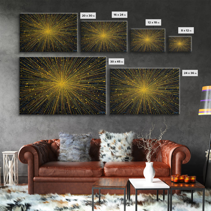 Radiant Yellow Dotted Starburst Canvas Print, Modern Abstract Art, Cosmic Retro Wall Art, Bold Geometric Decor For Home Office