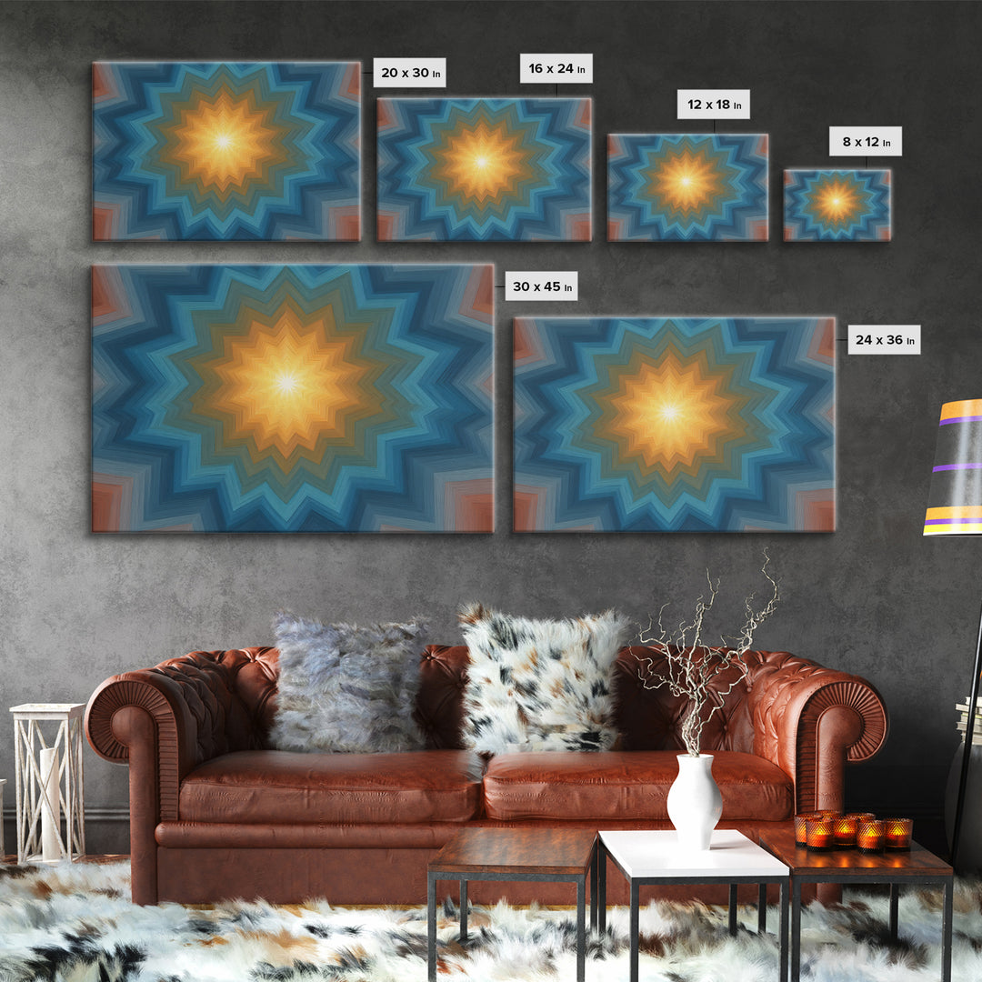 Teal And Orange Geometric Mandala Starburst Canvas Print, Midcentury Modern Wall Art, Atomic MCM Home Decor For Living Room