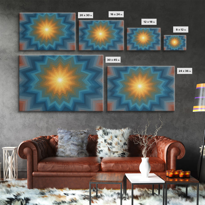 Teal And Orange Geometric Mandala Starburst Canvas Print, Midcentury Modern Wall Art, Atomic MCM Home Decor For Living Room
