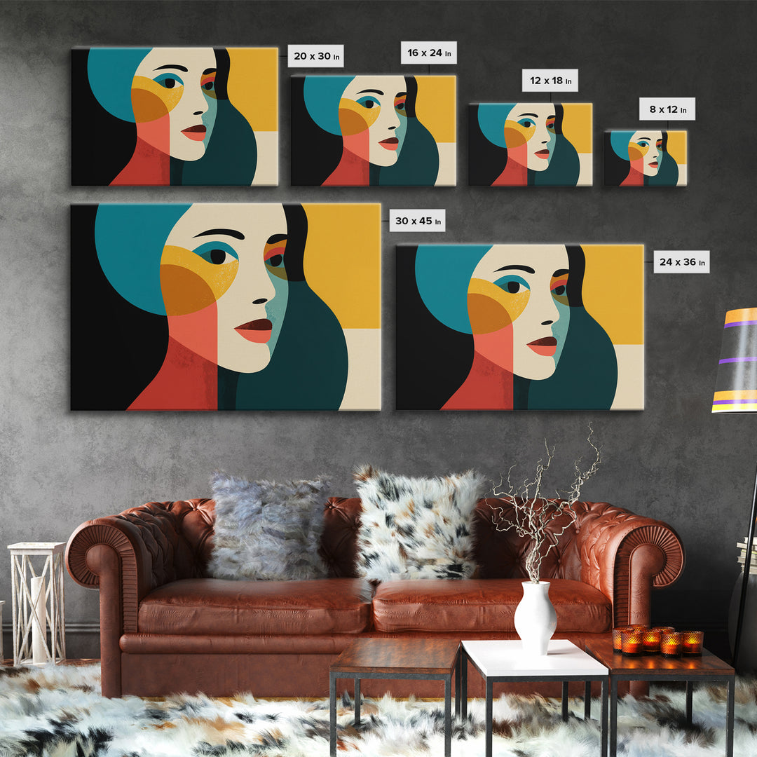 Geometric Minimal Woman Portrait Canvas Print, Midcentury Modern Wall Decor, Teal Orange Abstract Art, Retro MCM Home Decor