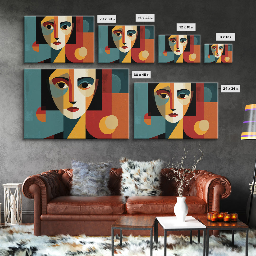 Cubist Geometric Woman Face Framed Canvas Print, Midcentury Modern Art, Bauhaus Poster, Color Block Living Room Wall Decor