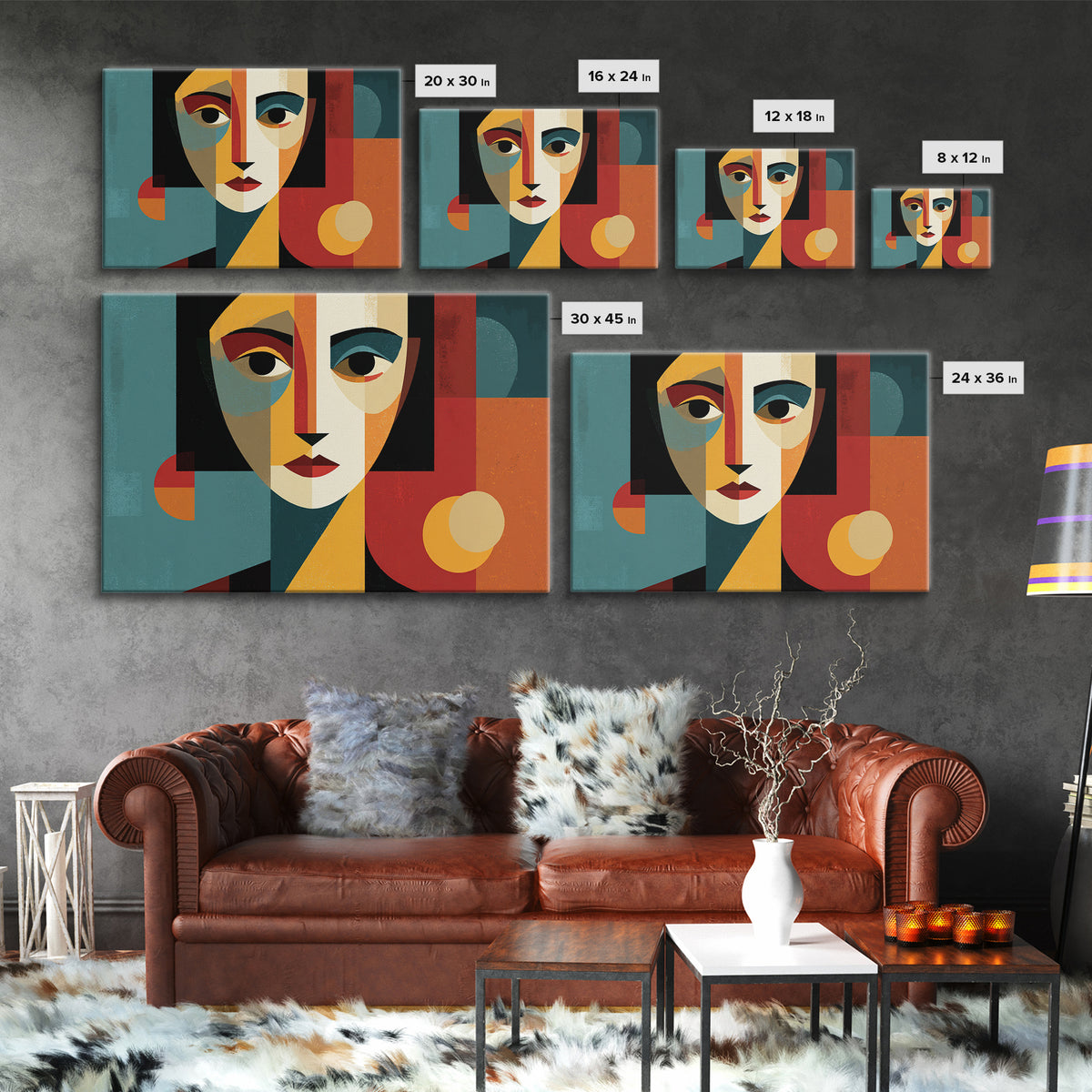Cubist Geometric Woman Face Framed Canvas Print, Midcentury Modern Art, Bauhaus Poster, Color Block Living Room Wall Decor