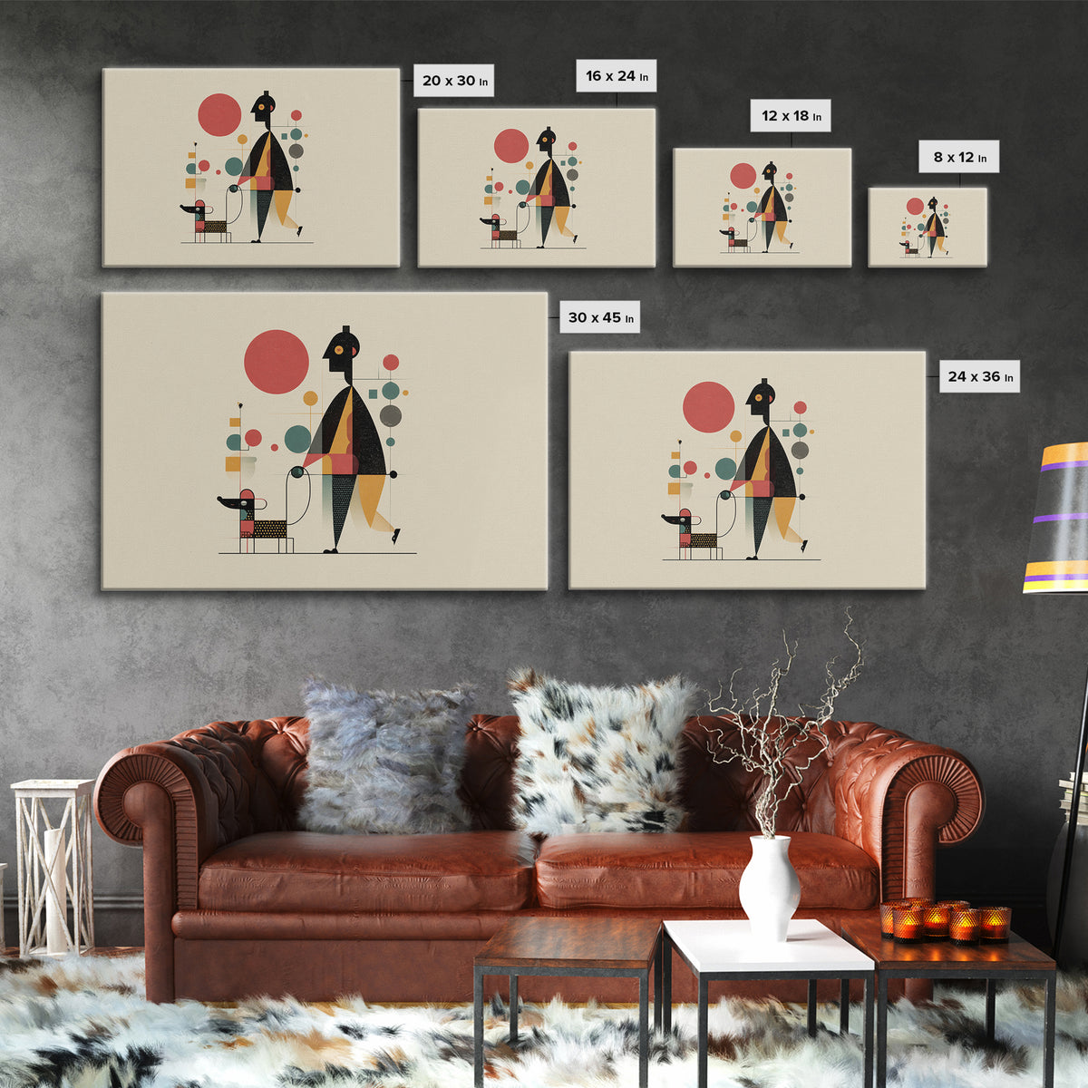 Whimsical Abstract Figure With Dog Canvas Print, Midcentury Modern Wall Art, Atomic Circles, Retro MCM Nursery Office Decor