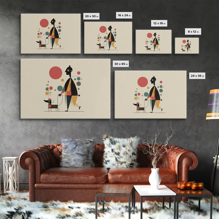 Whimsical Abstract Figure With Dog Canvas Print, Midcentury Modern Wall Art, Atomic Circles, Retro MCM Nursery Office Decor