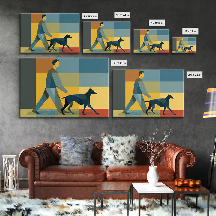 Man Walking Dog Color Block Wall Art, Midcentury Modern Print, Retro Geometric Poster, Blue Yellow Living Room Home Decor
