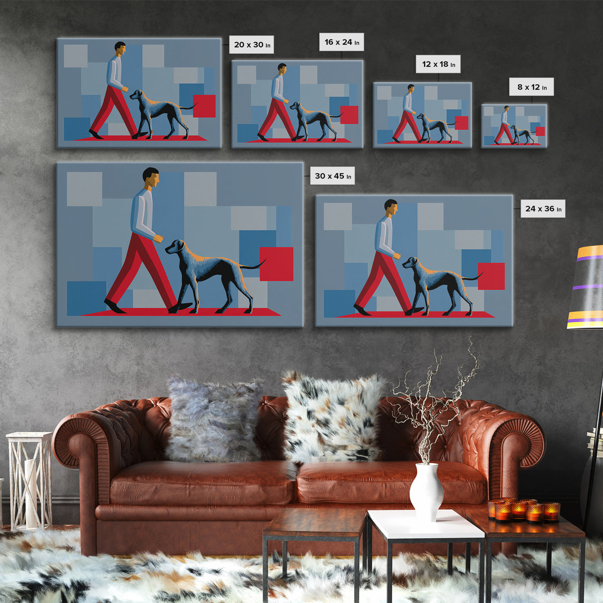 Stylish Man Walking Grey Dog Wall Art, Midcentury Modern Canvas Print, Blue Red Geometric Decor, Masculine Office Artwork