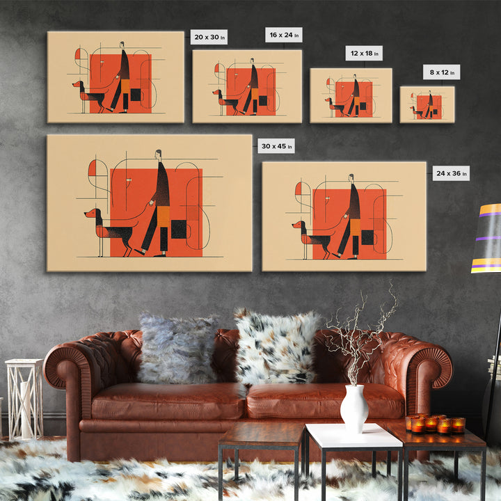 Linear Orange Dog Walker Wall Art, Midcentury Modern Abstract Print, Minimalist Geometric Poster, Retro Entryway Home Decor Gift